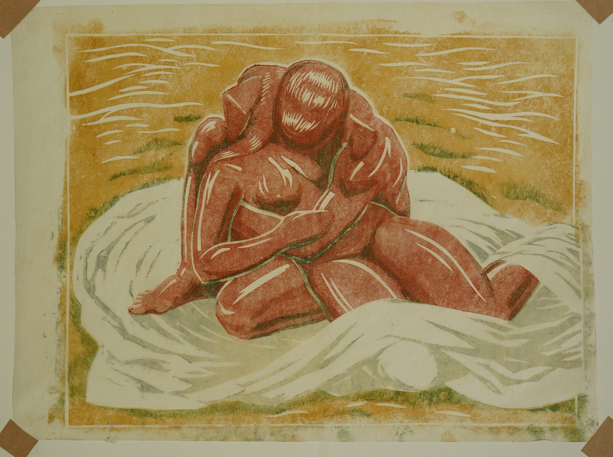 Margaret Barnard (British, 1900-1992), Lovers, c.1930, linoleum cut printed in colours on tissue-thin oriental laid paper, 26 x 36cm